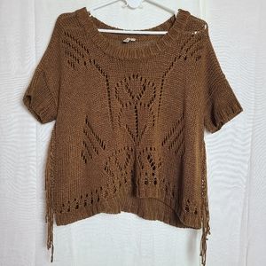 Spot Bohemian Knit Sweater Brown Caramel Fringe Detail Short Sleeves